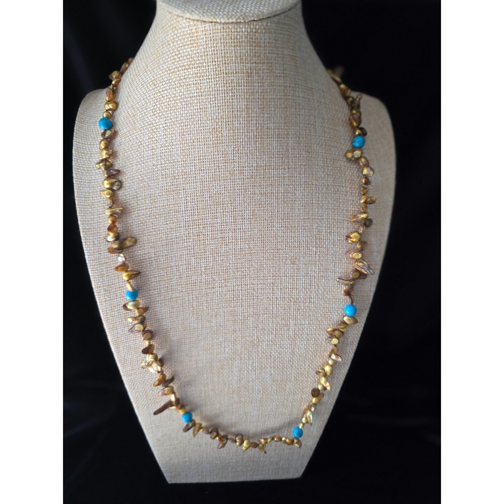 Bronze freshwater Pearl Turquoise Bead Necklace Bohemian Iridescent Strand